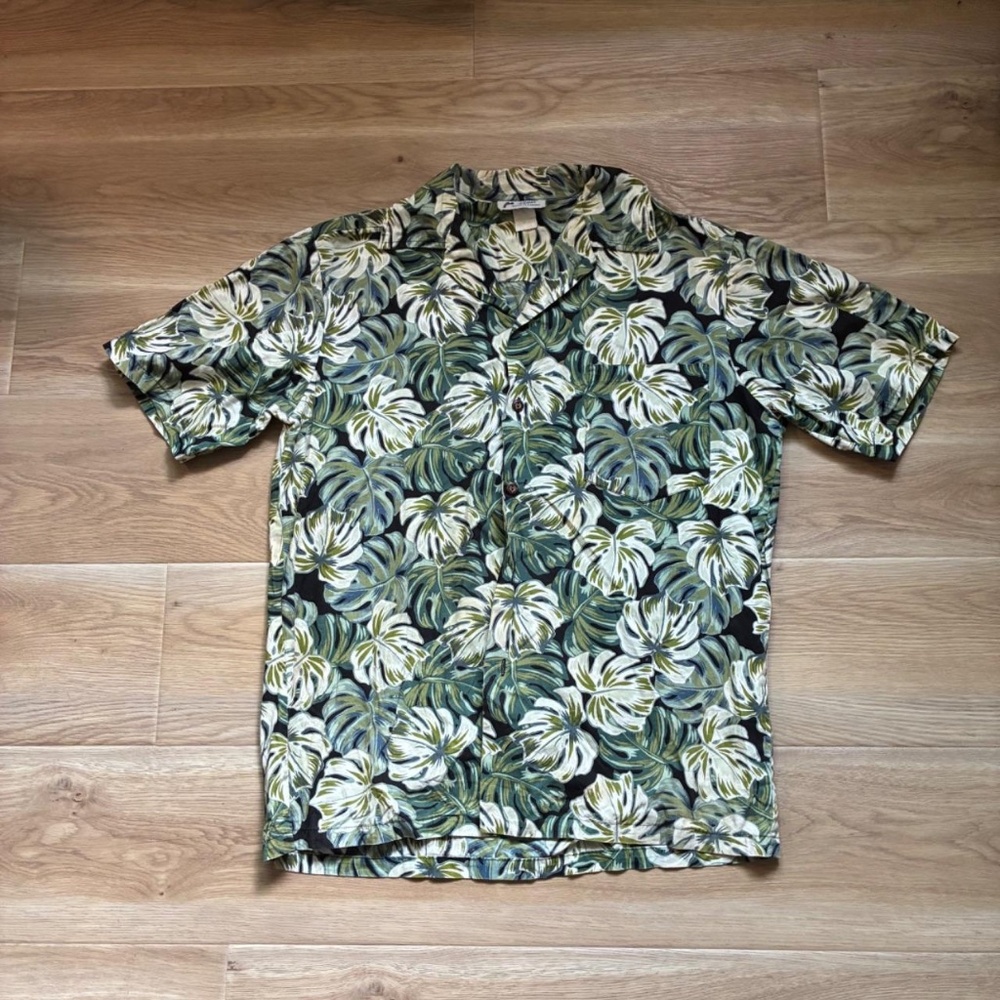 Vintage 90s Malihini Made in Hawaii Green Tropical Leaves Aloha Hawaiian Shirt L